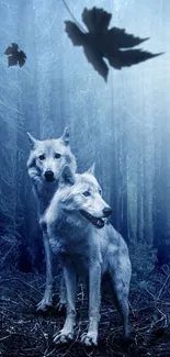 Two wolves stand gracefully in a mystical, blue-tinted forest.