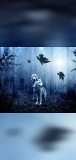 Mystical wolves in a moonlit forest surrounded by ravens and trees.