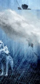 Mystical wolves stand under rain in a dark, blue forest.