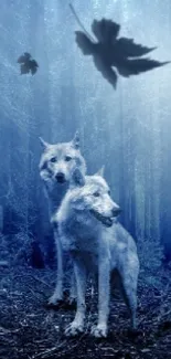 Wolves standing in a mystical blue forest under a bright moonlight.