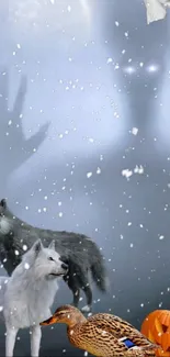 Mystical wolves in snowy winter with a ghostly silhouette and pumpkin.