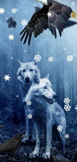 Wolves in a winter forest with snowflakes and birds.