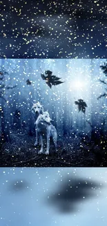 Two white wolves in a snowy, mystical forest.