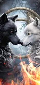 Mystical wolves in yin-yang design wallpaper.