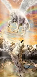 Two mystical wolves, one with wings, beneath a vibrant rainbow in a majestic landscape.