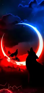 Silhouetted wolves against crescent moon with lightning in vibrant colors.