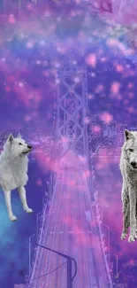 Fantasy wolves on a vibrant bridge with a floral and cityscape background.