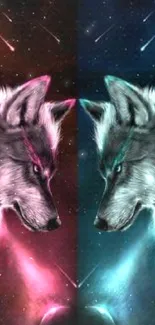 Artwork of two mystical wolves in a vibrant space setting.