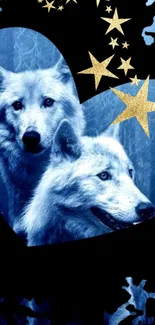 Wolves in a heart with golden stars on a blue background.