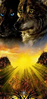 Mystical wolves with sunset background in fantasy art wallpaper.