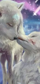 Two white wolves under an aurora sky in a mystical scene.