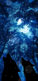 Two wolves howling in a moonlit forest scene with a dark blue sky.