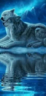 Two mystical wolves under moonlight with a reflection on water.