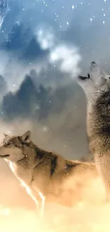 Two wolves howling beneath a star-filled night sky with a glowing moon.