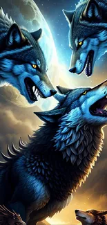 Three mystical wolves howling under a moonlit sky on a phone wallpaper.