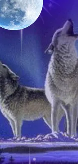 Two wolves howling beneath a bright full moon with a deep blue sky.