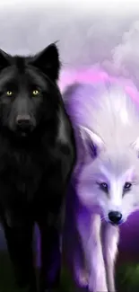 Mystical black and white wolves under a full moon in fantasy art.