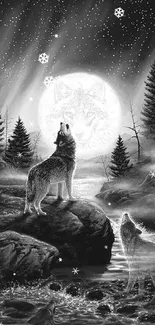 Wolves howling under a full moon with a mystical backdrop of trees and stars.