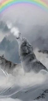 Wolves howling under a rainbow in a misty mountain landscape.