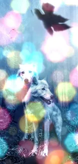 Two wolves in a forest with vibrant, colorful lights.