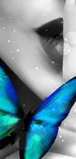 Blue butterfly on woman's face with a gesture of silence in monochrome art.