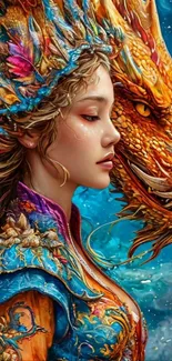 Fantasy woman with dragon art wallpaper.