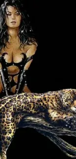 Fantasy image of a woman with a leopard on a dark background.