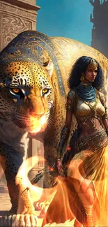 A mystical woman leads a majestic leopard in an ancient, artistic setting.