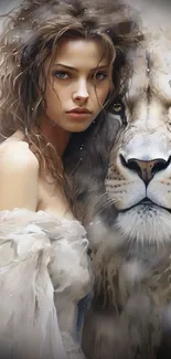 Artistic lion and woman portrait wallpaper for mobile.