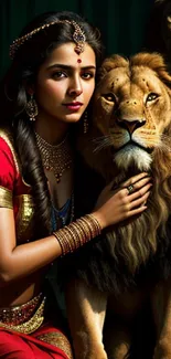 Mystical woman in red with lions in artistic wallpaper.