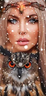 Mystical woman with owl in fantasy art design.