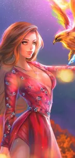 Mystical woman with a phoenix in vibrant fantasy art.