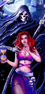 Mystical woman with hourglass and reaper in vibrant fantasy art.