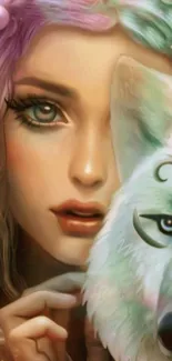 Mystical fantasy woman art with wolf.