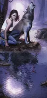 Woman sitting with a wolf by a stream in a mystical forest.