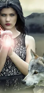 Mystical woman holding a glowing orb with a wolf in the forest.