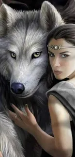 Mystical woman with wolf in fantasy art wallpaper.