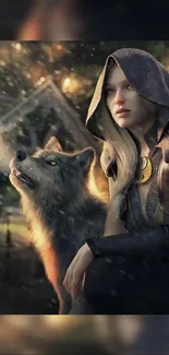 Fantasy art of a mystical woman with a wolf in a serene forest setting.