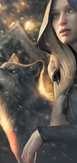 Fantasy artwork of a mystical woman with a wolf companion.