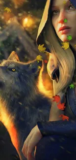 Mystical woman with wolf and autumn leaves in fantasy setting.