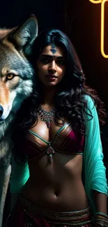 Mystical woman with wolf in nighttime scene.