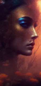 Mystical digital art of a woman's profile in warm, vibrant colors.