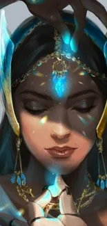 Mystical woman with blue and gold accents on her headdress.