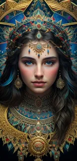 Intricate mystical woman art illustration with gold and blue accents.