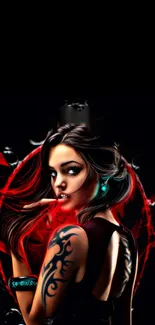 Mystical woman in dark art with tattoos on a vibrant red and black background.