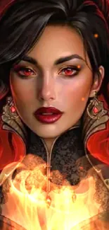 Mystical woman with red eyes and gothic attire in dark fantasy style.