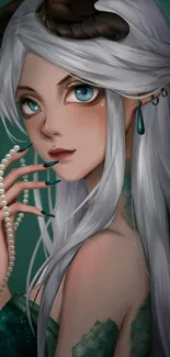 Fantasy art wallpaper of a mystical woman with teal accents and white hair.