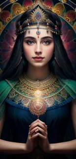 Mystical fantasy woman in jewelry and colorful attire.