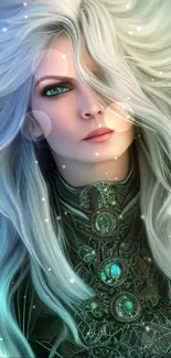 Mystical woman with silver hair in fantasy art wallpaper.