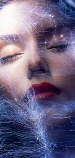 Mystical woman's face with ethereal swirling lights.